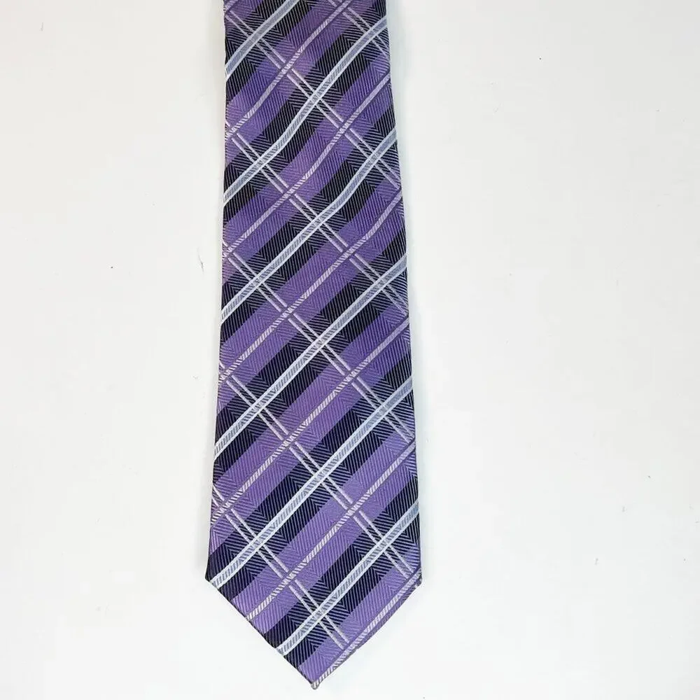 Bill Blass Essentials Tartan Plaid Print Mens Neck Tie Purple Grey